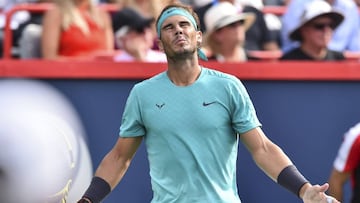 MONTREAL, QC - AUGUST 11: Rafael Nadal of Spain reacts after losing a point against Daniil Medvedev of Russia during the mens singles final on day 10 of the Rogers Cup at IGA Stadium on August 11, 2019 in Montreal, Quebec, Canada. Rafael Nadal of Spain defeated Daniil Medvedev of Russia 6-3, 6-0. Minas Panagiotakis/Getty Images/AFP == FOR NEWSPAPERS, INTERNET, TELCOS & TELEVISION USE ONLY ==
