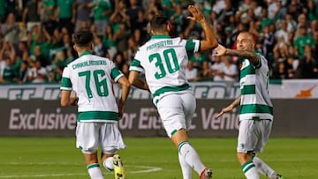 Omonia's Cypriot defender Nikolas Panayiotou (C) celebrates with teammates after scoring a goal during the UEFA Europa League group E football match between Cyprus' Omonia Nicosia and England's Manchester United at GSP stadium in the capital Nicosia on October 6, 2022. (Photo by Khaled DESOUKI / AFP) (Photo by KHALED DESOUKI/AFP via Getty Images)