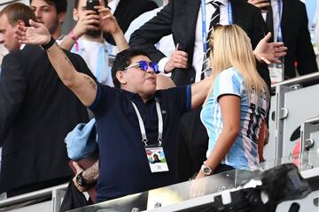 Argentinian football legend Diego Maradona celebrates after Argentina scored their first goal against France at the Russia 2018 World Cup.