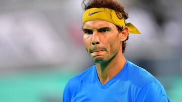 Spanish's Rafael Nadal reacts during the Mubadala World Tennis Championship 2018 first Semi-final match in Abu Dhabi, on December 28, 2018. (Photo by GIUSEPPE CACACE / AFP)