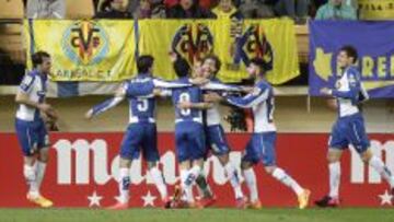 Los jugadores del Espanyol celebran el 0-3 al Villarreal, el pasado jueves, en el &uacute;ltimo partido a domicilio.