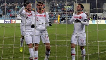 Turkey's forward Enes Unal (C) celebrates with his teammates after scoring a goal during the UEFA Euro 2020 Group H football qualification match between Andorra and Turkey at the Estadi Nacional stadium in Andorra la Vella, on November 17, 2019. (Pho