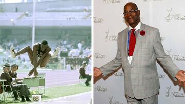 Bob Beamon salta en los Juegos Olímpicos de México 1968 y posa en una imagen reciente.