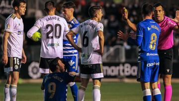 Sergi Enrich of Ponferradina protest to Ivan Caparros Hernandez, referee of the match during Spanish Second division, Liga SmartBank football match played between Burgos CF and SD Ponferradina at El Plantio stadium, on November 14th, in Burgos, Spain.
AF