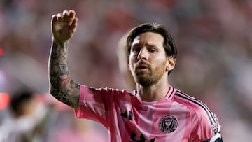 Inter Miami CF's Argentine forward #10 Lionel Messi gestures during the Major League Soccer (MLS) match between Inter Miami CF and Toronto FC at Chase Stadium in Fort Lauderdale, Florida, on April 6, 2025. (Photo by Chris Arjoon / AFP)