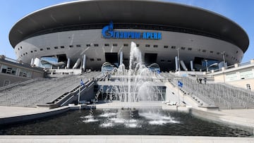 This view partially shows the Gazprom football arena in Saint Petersburg on April 22, 2021, during a presentation marking fifty days before the opening of the UEFA Euro 2020 football tournament. (Photo by Olga MALTSEVA / ANSA / AFP) / Italy OUT