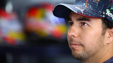 LE CASTELLET, FRANCE - JULY 24: Sergio Perez of Mexico and Oracle Red Bull Racing looks on in the garage ahead of the F1 Grand Prix of France at Circuit Paul Ricard on July 24, 2022 in Le Castellet, France. (Photo by Mark Thompson/Getty Images)