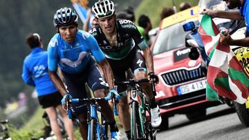 Colombia's Nairo Quintana (L) and Poland's Rafal Majka ride during a two-men breakaway in Portet pass of the 17th stage of the 105th edition of the Tour de France cycling race, between Bagneres-de-Luchon and Saint-Lary-Soulan Col du Portet, sout