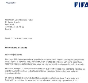 LA FIFA felicita a Santa Fe por ser el campeón de Colombia