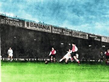 Partido de la Final de la Copa de Europa de 1956 entre el Stade de Reims y el Real Madrid. Gol 1-2 pase en profundidad de Muñoz a Di Stéfano que éste envía a la red recortando la diferencia.