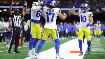 NEW ORLEANS, LOUISIANA - DECEMBER 01: Puka Nacua #17 of the Los Angeles Rams celebrates with Colby Parkinson #86 and Cooper Kupp #10 after scoring a touchdown against the New Orleans Saints during the fourth quarter at Caesars Superdome on December 01, 2024 in New Orleans, Louisiana. Jonathan Bachman/Getty Images/AFP (Photo by Jonathan Bachman / GETTY IMAGES NORTH AMERICA / Getty Images via AFP)