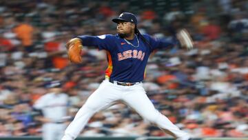 Aug 1, 2023; Houston, Texas, USA; Houston Astros starting pitcher Framber Valdez (59) delivers a pitch during the eighth inning against the Cleveland Guardians at Minute Maid Park. Mandatory Credit: Troy Taormina-USA TODAY Sports