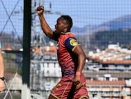 Bil Nsongo celebra su gol a la Real Sociedad B, el primero con el Depor.