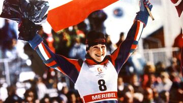 Blanca Fernández Ochoa celebar su medalla de bronce en la prueba de eslalon de los Juegos Olímpicos de Invierno de Albertville de 1992.