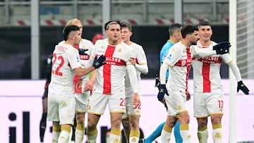 Soccer Football - Serie A - AC Milan v Genoa - San Siro, Milan, Italy - January 8, 2026 Genoa's Lorenzo Colombo celebrates scoring their first goal with teammates REUTERS/Daniele Mascolo