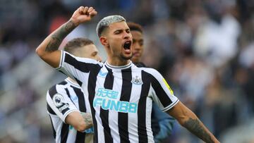 NEWCASTLE UPON TYNE, ENGLAND - APRIL 02: Bruno Guimaraes of Newcastle United celebrates after the Premier League match between Newcastle United and Manchester United at St. James Park on April 02, 2023 in Newcastle upon Tyne, England. (Photo by James Gill - Danehouse/Getty Images)