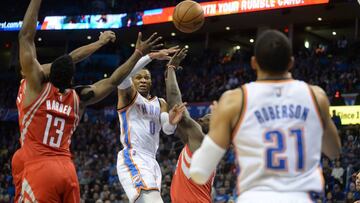 Dec 9, 2016; Oklahoma City, OK, USA; Oklahoma City Thunder guard Russell Westbrook (0) passes the ball to forward Andre Roberson (21) between Houston Rockets guard James Harden (13) and guard Patrick Beverley (2) during the fourth quarter at Chesapeake Energy Arena. Mandatory Credit: Mark D. Smith-USA TODAY Sports