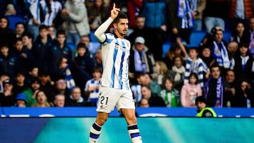 Real Sociedad's Portuguese forward #21 Andre Silva reacts to his disallowed goal during the Spanish league football match between Real Sociedad and Real Betis at the Anoeta stadium in San Sebastian on December 17, 2023. (Photo by ANDER GILLENEA / AFP)