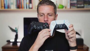 Geoff Keighley shows off the DualSense 5 unit he received and compares it to the DualShock 4 (PS4).