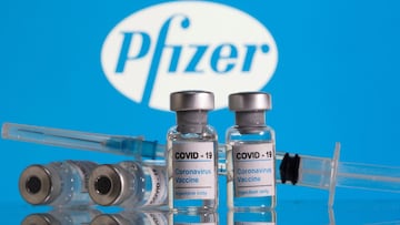 FILE PHOTO: Vials labelled &quot;COVID-19 Coronavirus Vaccine&quot; and a syringe are seen in front of the Pfizer logo in this illustration taken February 9, 2021. REUTERS/Dado Ruvic/Illustration/File Photo