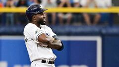 ST PETERSBURG, FLORIDA - APRIL 01: Randy Arozarena #56 of the Tampa Bay Rays reacts after hitting an RBI double in the first inning against the Detroit Tigers at Tropicana Field on April 01, 2023 in St Petersburg, Florida.   Julio Aguilar/Getty Images/AFP (Photo by Julio Aguilar / GETTY IMAGES NORTH AMERICA / Getty Images via AFP)