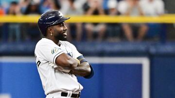 ST PETERSBURG, FLORIDA - APRIL 01: Randy Arozarena #56 of the Tampa Bay Rays reacts after hitting an RBI double in the first inning against the Detroit Tigers at Tropicana Field on April 01, 2023 in St Petersburg, Florida.   Julio Aguilar/Getty Images/AFP (Photo by Julio Aguilar / GETTY IMAGES NORTH AMERICA / Getty Images via AFP)