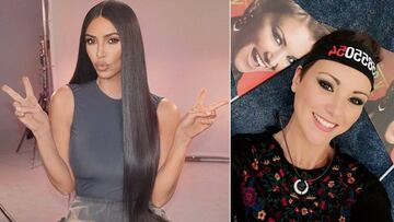 Imágenes de Kim Kardashian haciendo el gesto de la victoria con las manos y de María Jesús Ruiz en 'Gran Hermano Dúo'