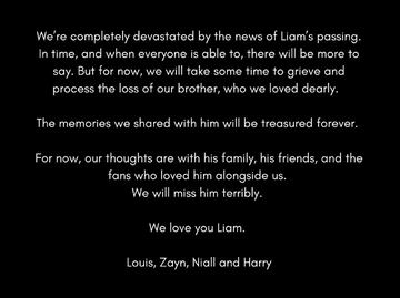 Los miembros de One Direction, Louis Tomlinson, Zayn Malik, Niall Horan y Harry Styles; emiten un conmovedor comunicado tras la muerte de Liam Payne.