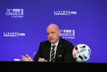 This handout picture taken and released by the International Federation of Association Football (Federation Internationale de Football Association - FIFA) shows FIFA President Gianni Infantino delivering a speech during the 70th Congress of the World foot