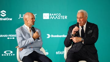 Formula One F1 - Aston Martin Press Conference - AMR Technology Campus, Silverstone, Britain - September 10, 2024 Aston Martin chairperson Lawrence Stroll with the new managing technical partner Adrian Newey during the press conference Action Images via Reuters/Andrew Boyers