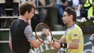 Andy Murray saluda a David Ferrer tras el encuentro que han disputado en París, y en el que venció el británico.