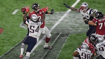 Feb 5, 2017; Houston, TX, USA; Atlanta Falcons quarterback Matt Ryan (2) fumbles as he is hit by New England Patriots middle linebacker Dont'a Hightower (54) during Super Bowl LI at NRG Stadium. Mandatory Credit: Richard Mackson-USA TODAY Sports