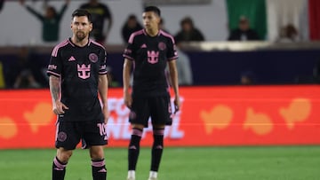 Feb 25, 2024; Carson, California, USA; Inter Miami CF forward Lionel Messi (10) plays the ball against the LA Galaxy during the second half at Dignity Health Sports Park. Mandatory Credit: Kiyoshi Mio-USA TODAY Sports