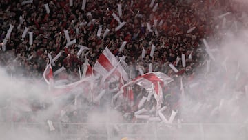 River Plate's supporters cheer during the Argentine Professional Football League football match between River Plate and Colon at Monumental stadium in Buenos Aires, on July 5, 2023. River Plate won 2-0. (Photo by JUAN MABROMATA / AFP)