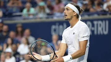 TORONTO, ONTARIO - AUGUST 06: Alexander Zverev of Germany reacts while playing Karen Khachanov during the semifinals of the National Bank Open Presented by Rogers at Sobeys Stadium on August 06, 2025 in Toronto, Ontario. Matthew Stockman/Getty Images/AFP (Photo by MATTHEW STOCKMAN / GETTY IMAGES NORTH AMERICA / Getty Images via AFP)