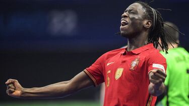 Zicky Te of Portugal celebrates a goal during the UEFA Futsal Euro 2022 semifinal match between Portugal and Spain at the Ziggo Dome on February 4, 2022 in Amsterdam. (Photo by Gerrit van Keulen / ANP / AFP) / Netherlands OUT