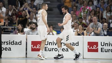 El Madrid empez&oacute; la final con ambici&oacute;n y buen juego: 87-67 y 1-0. Llull (11 puntos en sus primeros 8 minutos) y Causeur celebran una canasta.