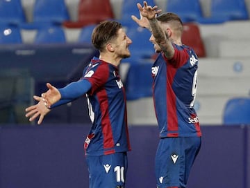 Roger Martí (right) and Enis Bardhi celebrate Levante's Copa del Rey win over Villarreal, which took the Granotas into the tournament's semi-finals for the first time since 1935.