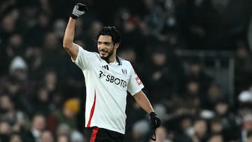 Fulham's Mexican striker #07 Raul Jimenez celebrates scoring the team's first goal during the English Premier League football match between Fulham and Bournemouth at Craven Cottage in London on December 29, 2024. (Photo by JUSTIN TALLIS / AFP) / RESTRICTED TO EDITORIAL USE. No use with unauthorized audio, video, data, fixture lists, club/league logos or 'live' services. Online in-match use limited to 120 images. An additional 40 images may be used in extra time. No video emulation. Social media in-match use limited to 120 images. An additional 40 images may be used in extra time. No use in betting publications, games or single club/league/player publications. /