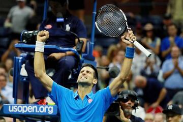 Novak Djokovic celebrates defeating Kyle Edmund of Great Britain in the fourth round at the US Open