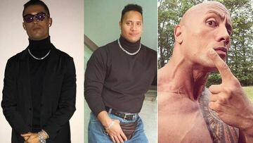 Im&aacute;genes de Cristiano Ronaldo y de Dwayne Johnson &quot;La Roca&quot; con un estilismo parecido y otra actual del exluchador y actor estaounidense.