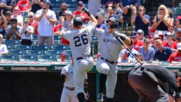 CLEVELAND, OH - JULY 02: New York Yankees third baseman DJ LeMahieu (26) and New York Yankees designated hitter Aaron Judge (99) celebrates after LeMahieu hit a home run during the third inning of game 1 of the Major League Baseball doubleheader between the New York Yankees and Cleveland Guardians on July 2, 2022, at Progressive Field in Cleveland, OH. (Photo by Frank Jansky/Icon Sportswire via Getty Images)