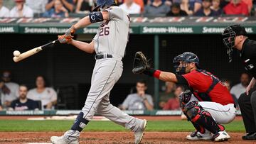 Aug 5, 2022; Cleveland, Ohio, USA; Houston Astros designated hitter Trey Mancini (26) hits a grand slam during the third inning against the Cleveland Guardians at Progressive Field. Mandatory Credit: Ken Blaze-USA TODAY Sports