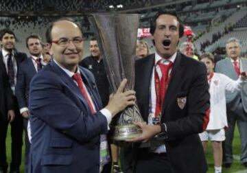 14 de mayo de 2014, final de la Europa League entre el Sevilla y el Benfica disputada en Turín. El Sevilla ganó en la tanda de penaltis por 4-2. Pepe Castro y Unai Emery.