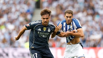 SAN SEBASTIÁN, 13/09/2025.-El defensa del Real Madrid Raúl Asencio, durante el partido de la jornada 4 de La Liga EA Sports este sábado en el estadio Municipal de Anoeta en San Sebastián.- EFE/ Juan Herrero