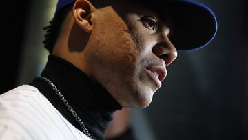 NEW YORK, NEW YORK - DECEMBER 12: Juan Soto of the New York Mets speaks to the media after his introductory press conference at Citi Field on December 12, 2024 in New York City. Al Bello/Getty Images/AFP (Photo by AL BELLO / GETTY IMAGES NORTH AMERICA / Getty Images via AFP)