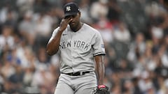 CHICAGO, ILLINOIS - AUGUST 09: Luis Severino #40 of the New York Yankees walks to the dugout after the second inning against the Chicago White Sox at Guaranteed Rate Field on August 09, 2023 in Chicago, Illinois.   Quinn Harris/Getty Images/AFP (Photo by Quinn Harris / GETTY IMAGES NORTH AMERICA / Getty Images via AFP)