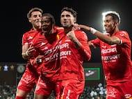 Julian Carranza celebrates his goal 1-3 with Kevin Ante and Franco Rossano of Necaxa during the 1st round match between Santos and Necaxa as part of the Liga BBVA MX, Torneo Clausura 2026 at TSM Corona Stadium, on January 10, 2026 in Torreon, Coahuila, Mexico.