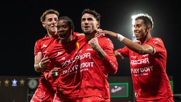Julian Carranza celebrates his goal 1-3 with Kevin Ante and Franco Rossano of Necaxa during the 1st round match between Santos and Necaxa as part of the Liga BBVA MX, Torneo Clausura 2026 at TSM Corona Stadium, on January 10, 2026 in Torreon, Coahuila, Mexico.