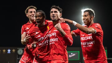 Julian Carranza celebrates his goal 1-3 with Kevin Ante and Franco Rossano of Necaxa during the 1st round match between Santos and Necaxa as part of the Liga BBVA MX, Torneo Clausura 2026 at TSM Corona Stadium, on January 10, 2026 in Torreon, Coahuila, Mexico.